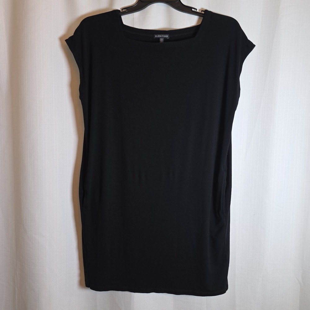 Eileen Fisher Dress Viscose Jersey T-Shirt Hi Low Hem Medium Short Sleeve Black